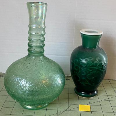 Green Art Glass & Ceramic Vase Pair
