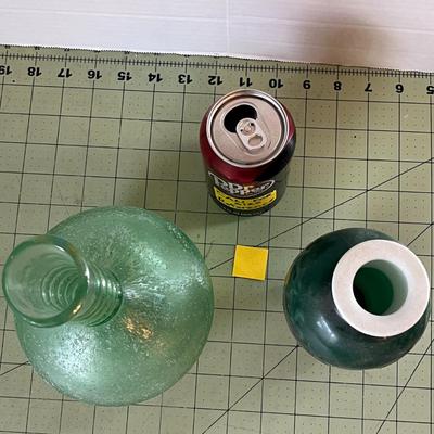 Green Art Glass & Ceramic Vase Pair