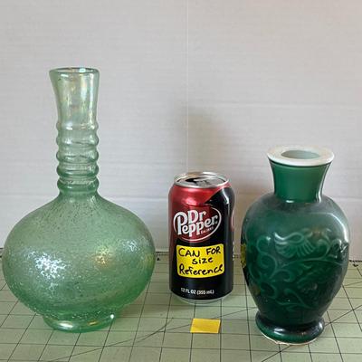 Green Art Glass & Ceramic Vase Pair