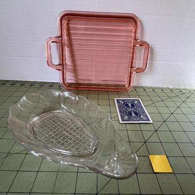 Vintage Glass Dish & Pink Tray Set