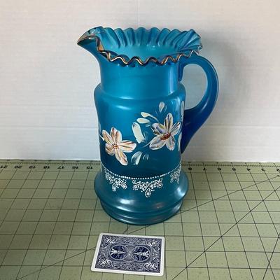 Hand Painted Aqua Pitcher & Glass Set
