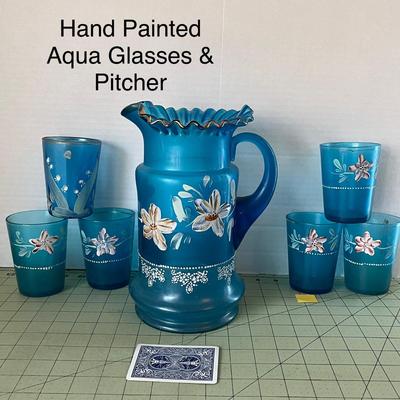 Hand Painted Aqua Pitcher & Glass Set