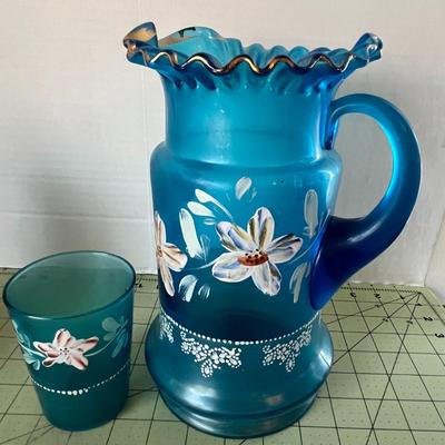 Hand Painted Aqua Pitcher & Glass Set