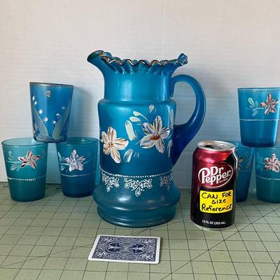 Hand Painted Aqua Pitcher & Glass Set