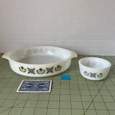Vintage Anchor Hocking Spring Blossom Round Dish & Bowl