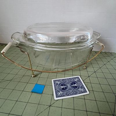 Vintage Anchor Hocking Oval Glass Casserole Dish with Lid and Brass Warming Rack