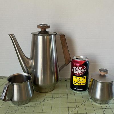 Mid-Century Modern Stainless Steel Coffee/Tea Set – 5-Piece with Wood Accents