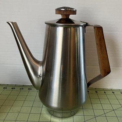 Mid-Century Modern Stainless Steel Coffee/Tea Set – 5-Piece with Wood Accents