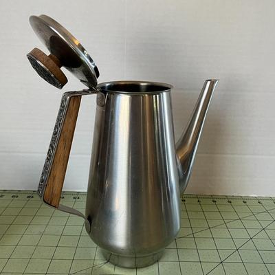 Mid-Century Modern Stainless Steel Coffee/Tea Set – 5-Piece with Wood Accents