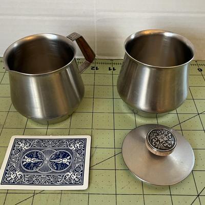Mid-Century Modern Stainless Steel Coffee/Tea Set – 5-Piece with Wood Accents