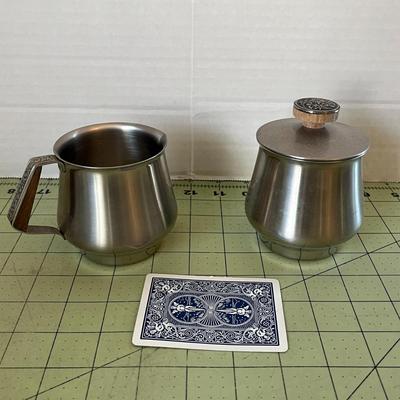 Mid-Century Modern Stainless Steel Coffee/Tea Set – 5-Piece with Wood Accents