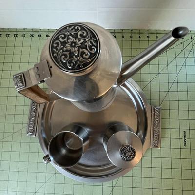 Mid-Century Modern Stainless Steel Coffee/Tea Set – 5-Piece with Wood Accents