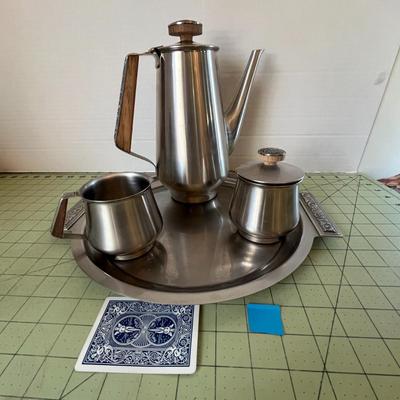 Mid-Century Modern Stainless Steel Coffee/Tea Set – 5-Piece with Wood Accents