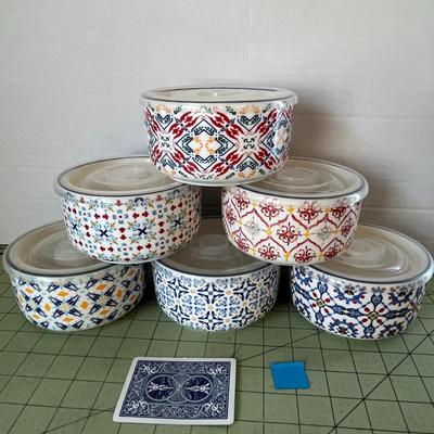 Set of 6 Ceramic Storage Bowls with Lids – Colorful Mediterranean Tile Design