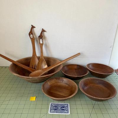 Vintage Wooden Salad Bowl Set with Utensils – 9-Piece