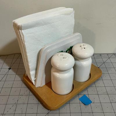 Vintage Napkin Holder with Salt & Pepper Shakers – Wooden Base