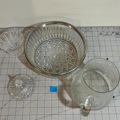 Vintage Glassware Lot – Etched Pitcher, Candy Dish with Lid, and Pressed Glass Bowl