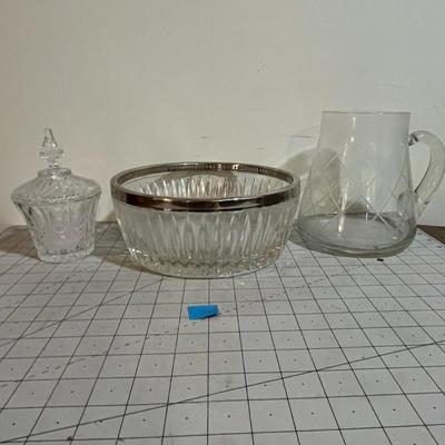 Vintage Glassware Lot – Etched Pitcher, Candy Dish with Lid, and Pressed Glass Bowl