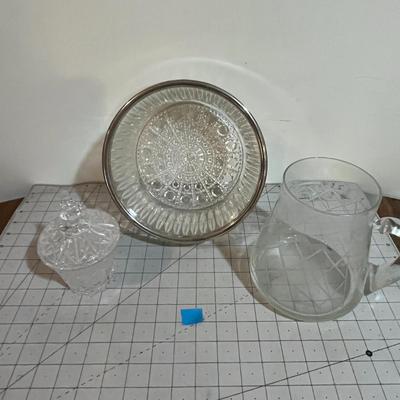 Vintage Glassware Lot – Etched Pitcher, Candy Dish with Lid, and Pressed Glass Bowl