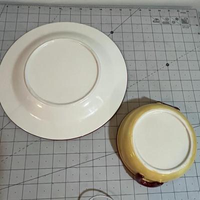 Fall-Themed Ceramic Plate & Bowl + Ruby Red Glass Candle Holders – 4-Piece Set