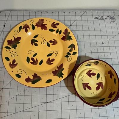 Fall-Themed Ceramic Plate & Bowl + Ruby Red Glass Candle Holders – 4-Piece Set