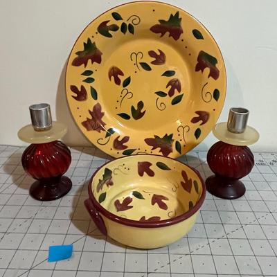 Fall-Themed Ceramic Plate & Bowl + Ruby Red Glass Candle Holders – 4-Piece Set