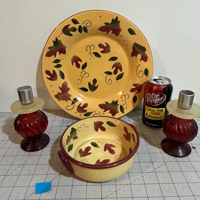 Fall-Themed Ceramic Plate & Bowl + Ruby Red Glass Candle Holders – 4-Piece Set