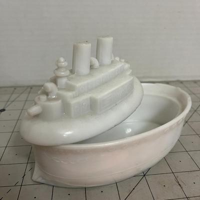 Milk Glass Ship Trinket Dish