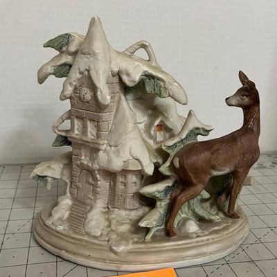 Winter Cabin Figurine with Deer and Trees