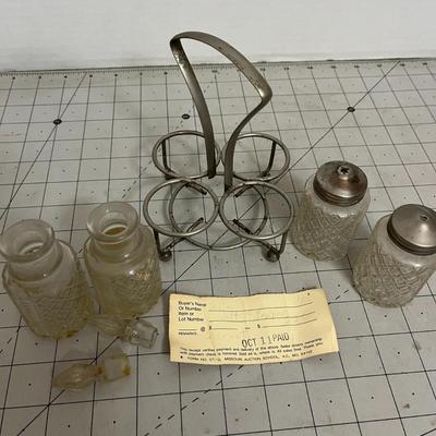 Diamond-Cut Glass Cruet Set with Metal Caddy
