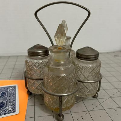 Diamond-Cut Glass Cruet Set with Metal Caddy