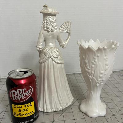 Elegant Lady Figurine and Embossed Milk Glass Vase