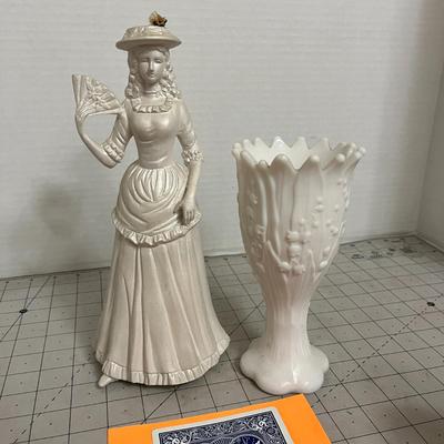 Elegant Lady Figurine and Embossed Milk Glass Vase