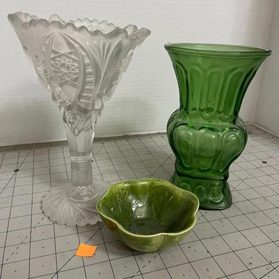 Frosted & Emerald Green Pressed Glass Vase