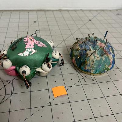 Vintage Pin Cushion Pair – Asian Doll & Floral Dome Designs