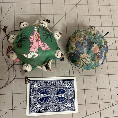 Vintage Pin Cushion Pair – Asian Doll & Floral Dome Designs