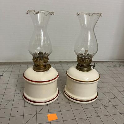 Pair of Oil Lamps with Ruffled Glass Chimneys