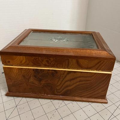 Wooden Glass-Top Display Box with Etched Lid and Velvet Lining