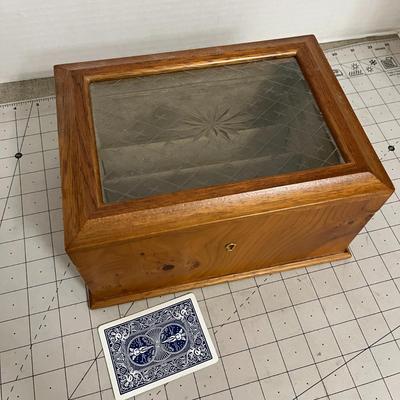 Wooden Glass-Top Display Box with Etched Lid and Velvet Lining