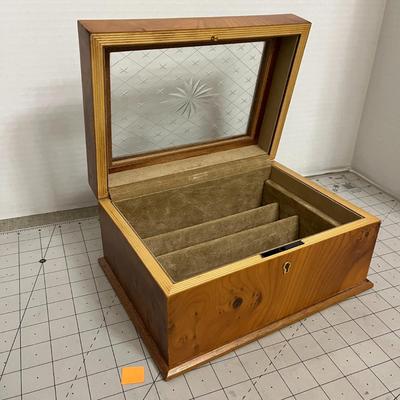 Wooden Glass-Top Display Box with Etched Lid and Velvet Lining