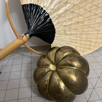 Decorative Asian-Inspired Paper Fan with Brass Pumpkin Box