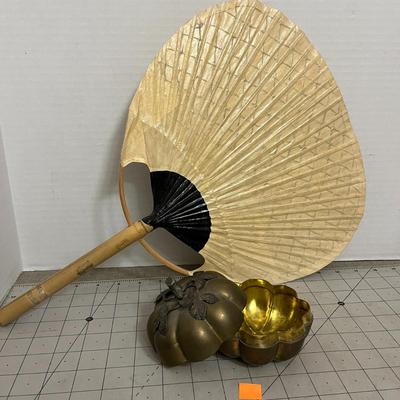 Decorative Asian-Inspired Paper Fan with Brass Pumpkin Box