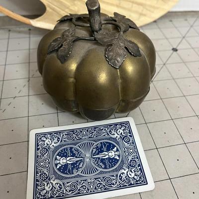 Decorative Asian-Inspired Paper Fan with Brass Pumpkin Box