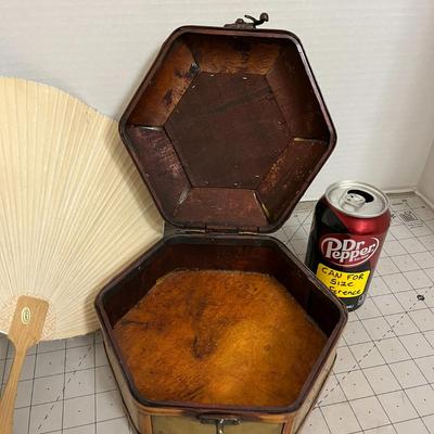 Decorative Japanese Uchiwa Fan & Brass-Tone Hexagon Box