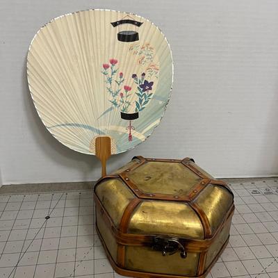 Decorative Japanese Uchiwa Fan & Brass-Tone Hexagon Box