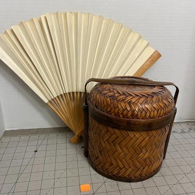 Large Handcrafted Bamboo Basket with Folding Display Fan