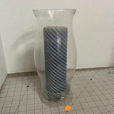 Glass Hurricane Candle Holder with Blue Swirl Pillar Candle