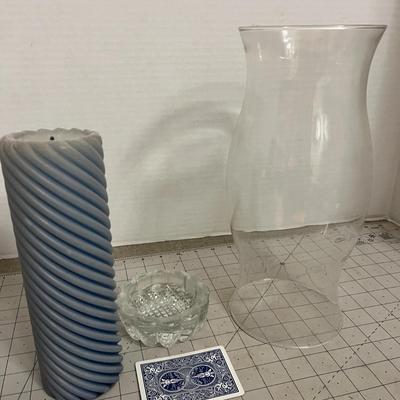 Glass Hurricane Candle Holder with Blue Swirl Pillar Candle
