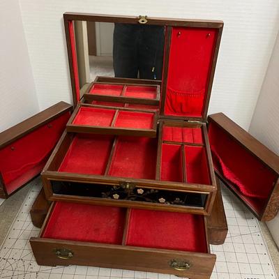Vintage Asian-Inspired Wooden Jewelry Box with Inlaid Panels
