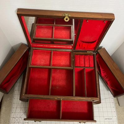 Vintage Asian-Inspired Wooden Jewelry Box with Inlaid Panels